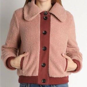 Skies Are Blue Mauve/Pink Teddy Bomber Jacket with Rust Trim